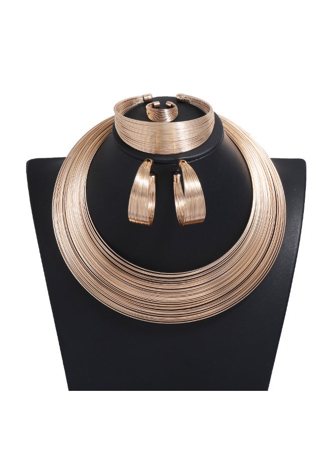 4pcs Golden Womens European And American Style Stylish Jewelry Sets Bar Club Cool Lady Necklace Earring Bangle Sets Gift For Wife - Image 3